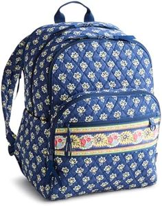 Vera Bradley Women's Premium Cotton Large Bancroft Backpack – 15" Laptop & Trolley Sleeves – Maison Blue, 28L