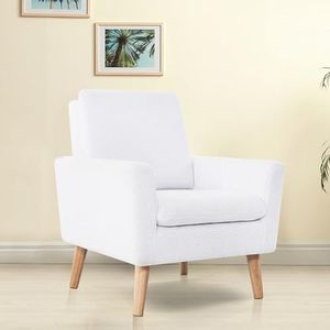 Naomi Home Frida Mid-Century Modern Chair, Durable Wood Frame Accent Chairs for Living Room, Reading Chair with armrest, Soft Teddy Fleece Accent Chair for Bedroom, Oak Legs Armchair - White