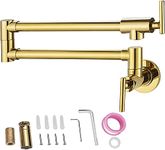 VEVOR Pot Filler Faucet, Solid Brass Commercial Wall Mount Kitchen Stove Faucet with Gold Brushed Finish, Folding Restaurant Sink Faucet with Double Joint Swing Arm & 2 Handles