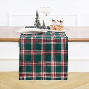 Solino Home Table Runner 156 Inches Long - 100% Pure Linen Green Tartan Plaid Table Runner 14 x 156 Inch for Dining