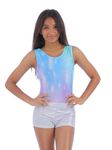 IKAANYA Girls/Women Combo - Sleeveless Leotard and matching shorts - Ideal for Gymnastics, Dance, Yoga, Acrobatics or Performance (Turquoise+Silver, Adult Small)