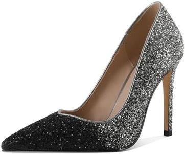 SAMMITOP Women's Classic Fashion Stiletto Pointed Toe 10CM High Heel Dress Pump Shoes, Glitter Black Silver, 9.5