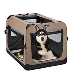 Veehoo Folding Soft Dog Crate, 3-Door Portable Collapsible Pet Kennel for Crate-Training Dogs, 5 x Durable Mesh Screen, 600D Cationic Oxford Fabric, Indoor & Outdoor Use, 32", Beige Coffee