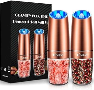 Gravity Electric Pepper and Salt Grinder Set, Adjustable Coarseness, Battery Powered with LED Light, One Hand Automatic Operation, Stainless Steel Copper, 2 Pack
