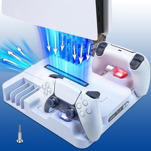 Estación de Recarga Rápida del Consola PS 5 con Ventilador de Enfriamiento, Cargador Compatible con Mando Play 5, Soporte para Auriculares Gafas Cascos PS 5