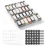 Spice Drawer Organiser with 28 Spice Jars, 348 Labels, Sift and Pour Shake Lids with Airtight Aluminium Caps, 4 Tier Expandable Clear Acrylic Drawer/Countertop Tray Rack from 33cm to 66cm