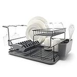 simplywire – Two Tier Dish Drainer – Removable Over Sink Plate Drying Rack, Wine Glass Holder & Cutlery Basket - Black Plastic Coated Steel