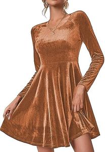 Chigant Women's Velvet Dress Long Sleeve Velvet Cocktail Party Dresses Flare Swing Mini Prom Dress for Wedding Guest, Brown, Medium