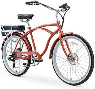 sixthreezero Around The Block Men's Electric Bike, 7 Speed Beach Cruiser eBike Bicycle with Rear Rack, 500 Watt Motor, 26 Inch Wheels, Brick Pool