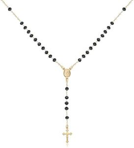 Barzel 18K Gold Plated Black Bead Rosary, Virgin Mary Centerpiece, Made in Brazil, Tarnish Free, Waterproof, High Polish Finish, Size 18-24 Inches (20 Inches)