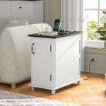 Anmytek Farmhouse Nightstand with Charging Station, Modren End Table with Sliding Barn Doors and Adjustable Storage Shelf Board, Wood Side Table for Bedroom, White