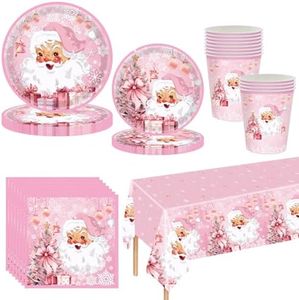 69pcs Christmas Party Tableware Set,Pink Santa Christmas Disposable Plates Napkins Cups and Christmas Tablecloth,Xmax Dinnerware Xmas Party Table Decorations for Christmas Party Supplie