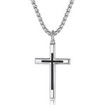 FANCIME White Gold Plated 925 Solid Sterling Silver Polished Big Beveled Edge Men's Crucifix Black Cross Pendant Long Necklace Fine Jewellery For Men Boys, Strong Stainless Steel Box Chain Length