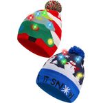 Anpress 2 Pack LED Light-up Christmas Beanie Knitted Ugly Sweater Hat Unisex Winter Beanie Knit Cap with 6 Colorful LEDs, 3 Flashing Modes for Children Adults Xmas Christmas New Year Party Supplies