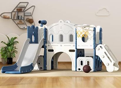 8 in 1 Toddler Slide Set, Kids Slide for Toddlers Age 1-3, Toddler Climber Slide PlaySet with Basketball Hoop,Outdoor Indoor Playground for Toddlers 1-3, Blue Gray