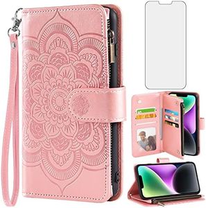 Asuwish Phone Case for iPhone 14 6.1 inch Wallet Cover with Tempered Glass Screen Protector and Flower Leather Flip Credit Card Holder Stand Cell iPhone14 5G i i-Phone i14 iPhone14case Women Rose Gold