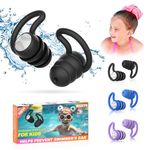 Swimming Ear Plugs Waterproof Earplugs - 3 Pairs Silicone Swim Ear Plugs for Adult, Water Sports Earplugs for Showering, Bathing, Surfing - Keep Ear Water Out. (Kids- Black, Pruple, Blue)