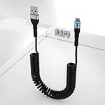 Coiled iPhone Cable for Apple Carplay, Short MFi Certified Lightning Cable, Coiled iphone Charger Cable for Car with Data LED