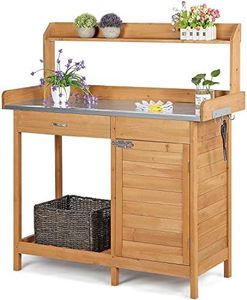 Topeakmart Outdoor Potting Bench Table Work Station Garden Planting with Cabinet & Drawer & Top Shelf & Lower Shelf Natural Wood