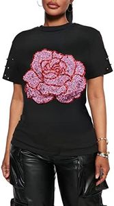 PESION Womens Sparkle Sequin Shirts Graphic Blouse Tops Short Sleeve Shiny Rave T- Shirts, Black+ Pink Rose, 3X-Large
