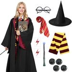 Antsparty Wizard Cloak Magic Robe Costume for Kids Adult, 10PCS Wizard Costume with Wand Tie Scarf Necklace Hat Glasses, Magic Uniform Wizard Fancy Dress for Halloween Costume (size S)