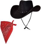 Adult Texan Cowboy Hat Black & Red Bandana/ Neckerchief Fancy Dress Party Accessory Wild Western Sheriff Country Western Rancher