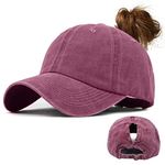 Voqeen Ponytail Baseball Hat Cap Unisex Washed Trucker Hat Cap Adjustable Spring Autumn Solid Color Baseball Cap Ourdoor Sun Visor PonyCaps (wine red)