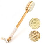 Bath Body Brush, Long Wooden Handle Body Exfoliating Brush for Dry or Wet Brushing Double Sided Shower Brush with Soft and Stiff Bristles for Exfoliating Skin Back Cleaning Scrubber with Hook