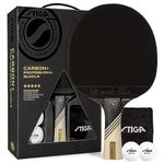 STIGA Carbon+ Bundle Ping Pong Paddle Set – 7-ply Extra Light Carbon Fiber Blade – 2mm Premium Sponge – Concave Pro Handle – 2 3-Star Tournament Balls – Neoprene Racket Cover – Player Wristband