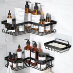 Boniry Bathroom Coner Shelf for Wall, Adhesive bathroom shelf Shower Caddy, with Soap Holder and 12 Hooks, Rustproof Stainless Steel Bathroom Organizer, No Drilling Wall Mounted Rack, Black, 3-Pack