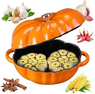 Pickmesh Pumpkin Cocotte Pumpkin Cast Iron Dutch Oven Pre-seasoned Cast Iron Garlic Roaster Heat Resistant Pumpkin Pot for Thanksgiving Grill,Oven Backyard Cooking 6.3'L x 5'W x 2.6'H (Orange)