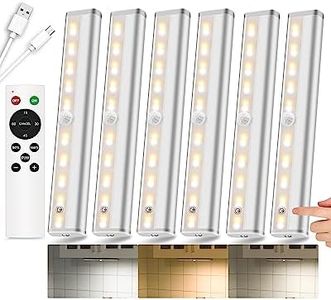 SZOKLED Under Cabinet Lights, 20LED Under Cabinet Lighting Rechargeable, Remote LED Closet Lights Bar, Under Counter Lights for Kitchen Shelf Pantry Shelf Hallway Stairs, 3 Colors 6 Pack