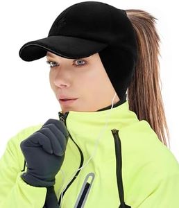 Winter Running Gear for Women, Gisdanchz Winter Running Hat with Ponytail Hole for Women Cold Weather Ponytail Hat with Ear Flap Warmer Casquette Hiver Femme, Black S/M