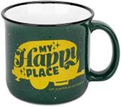 Camco Life is Better at The Campsite Ceramic Coffee Mug - Microwave and Dishwasher Safe - Features Green Background with Retro RV My Happy Place Design - Coffee Cup Holds 14oz. (53471)