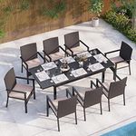 MFSTUDIO 9 Pieces Patio Dining Furniture Set, Patio Extendable Metal Table Set for 8 and Rattan Wicker Chairs with Beige Cushions, Outdoor Patio Table and Chairs Dining Set for 8