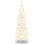 HAPPYGRILL 7FT Pre-Lit White Pencil Christmas Tree Artificial Slim Tree, Hinged Xmas Tree with 800 Branch Tips, 300 LED Lights, 8 Lighting Modes