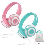 2 Pack of SIMOLIO Headphones for Kids w/Mic & Share Port,75dB/85dB/94dB Volume Limited Kids Safe Headphone, Wired headsets w/Carry Pouch,On-Ear Headphones for Children/Toddlers/Teens(Mint+Pink)