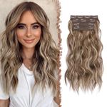 FESHFEN Clip in Hair Extensions 4PCs Long Wavy Thick Hair Piece Highlighted Full Head Synthetic Natural Curly Extension for Women, 16 Inch Brunette Mixed Ash Blonde