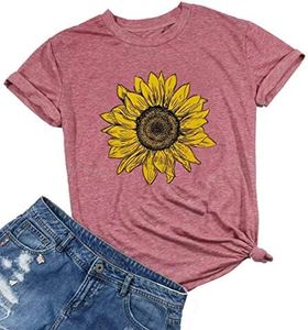 Women Short Sleeve Sunflower T-Shirt Cute Funny Graphic Tee Teen Girls Casual Shirt Tops (XL, Pink)