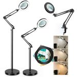 10X Magnifying Glass with Light and Stand, TOMSOO 3-in-1 Magnifying Floor Lamp Adjustable Swing Arm Stepless Dimmable 3 Color Modes, LED Lighted Magnifier for Close Work Reading Repair Painting Crafts