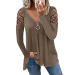 KCatsy Womens Tops Shirt Plus Size Hotfix Rhinestone Solid Colour Plain Loose V-Neck Zipper Cold Shoulder Long Sleeve Blouse(A Khaki,L12)