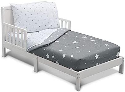 Delta Children 4 Piece Toddler Bedding Set for Boys - Reversible 2-in-1 Comforter - Includes Fitted Comforter to Keep Little Ones Snug, Bottom Sheet, Top Sheet, Pillow Case - Dusty Skies, Grey Stars