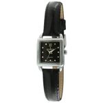 Peugeot Women's Silver Small Square Case Crystal Marker Black Genuine Leather Strap Watch 3034BK