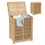 COSTWAY Bamboo Laundry Basket, 80L Laundry Hamper with Removable Liner Bag, Lid & Handles, Dirty Clothes Bin Washing Basket Organiser for Bathroom, Living Room and Bedroom (Wide Slats)