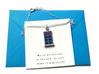 POLICE BOX charm necklace We're all stories in the end quote card jewellery gift, Dr who themed time traveller birthday Xmas present, sci fi space novelty favors