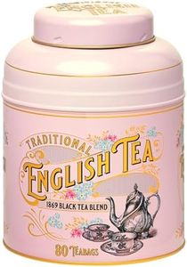 New English Teas Vintage Victorian Tea Tin in Pink with 80 English Breakfast 1869 Blend Teabags