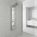 EVOLVE Manually Controlled Thermostatic Shower Panel Tower System – 5-in-1 Smart Shower Column with Waterfall & Rainfall Shower Head, 48 Body Jets, Bath Panel – Modern Chrome Shower