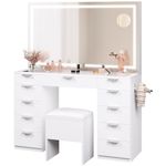 YITAHOME Dressing Table & Stool set,Vanity Table w/ 3-Color LED Lights Mirror,Lights Brightness Adjustable,Transparent Glass Top Makeup Table with 11 Drawers,Power Outlet,Whtie Makeup Desk for Bedroom