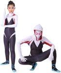 IDOTTA Spider Costume Girls Superhero for Kids,White Spider Bodysuit Jumpsuit Mask 3D Style Halloween Costumes Cosplay Suit, 7-8 Years (HD026-130)