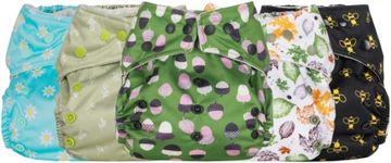 5 Pack Reusable Pocket Nappies with 10 Bamboo & Microfibre Highly Absorbent Inserts, Washable Cloth Diapers Nappy Bundle, Adjustable Popper Closure, Multiple Designs (Nature, One Size 10-35lbs)